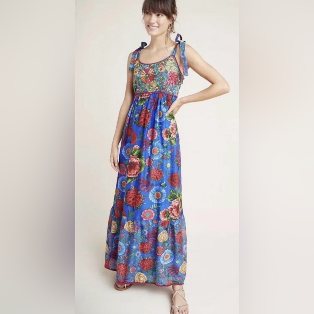 ANTHROPOLOGIE Payal Jain Floral Embroidered Cirque Maxi Silk Blue 8 C11-086